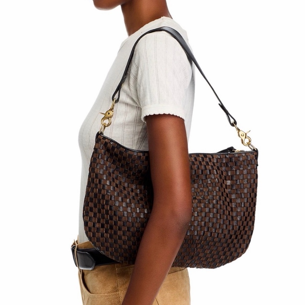 Clare V Moyen Messenger in chocolate and black woven